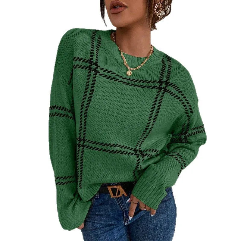 Women's loose fit plaid colour-block acrylic sweater with crew neck in striped apricot, black, beige, red, and green.