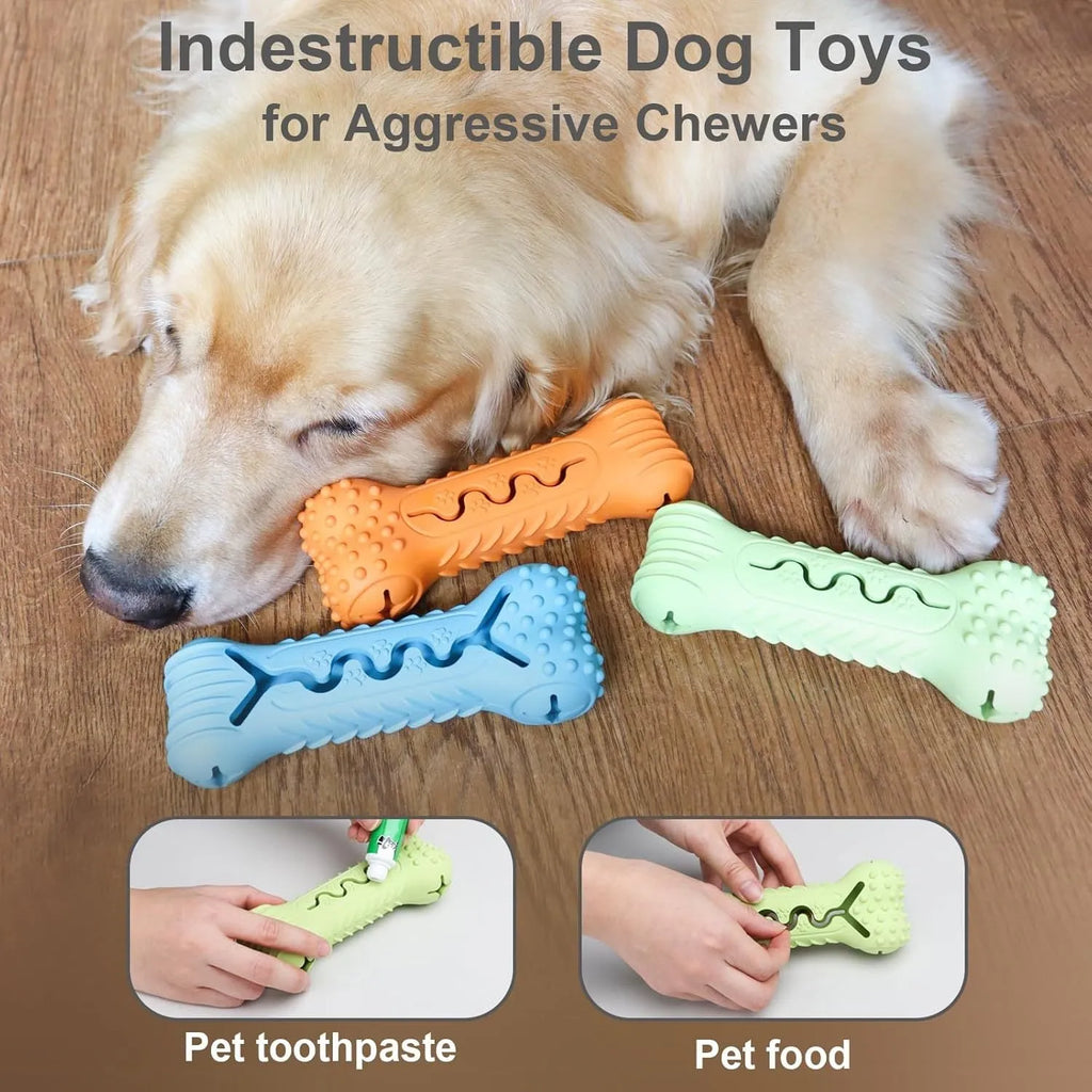 Blue bone-shaped natural rubber dog chew toy for aggressive chewers with textured surface