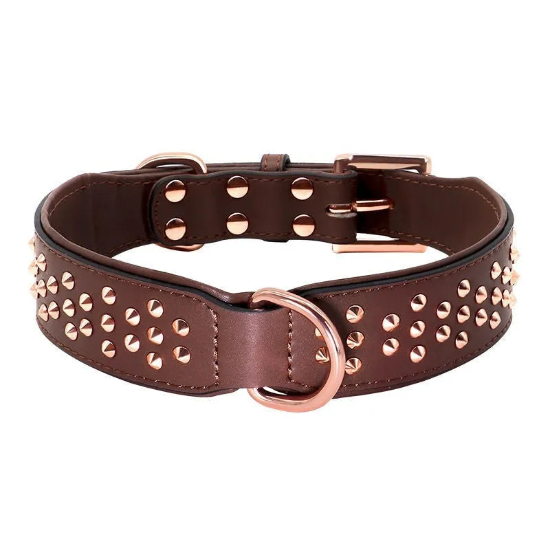 Leather dog training collar with stainless steel anti-bite rivets in black, chocolate, or pink colour options