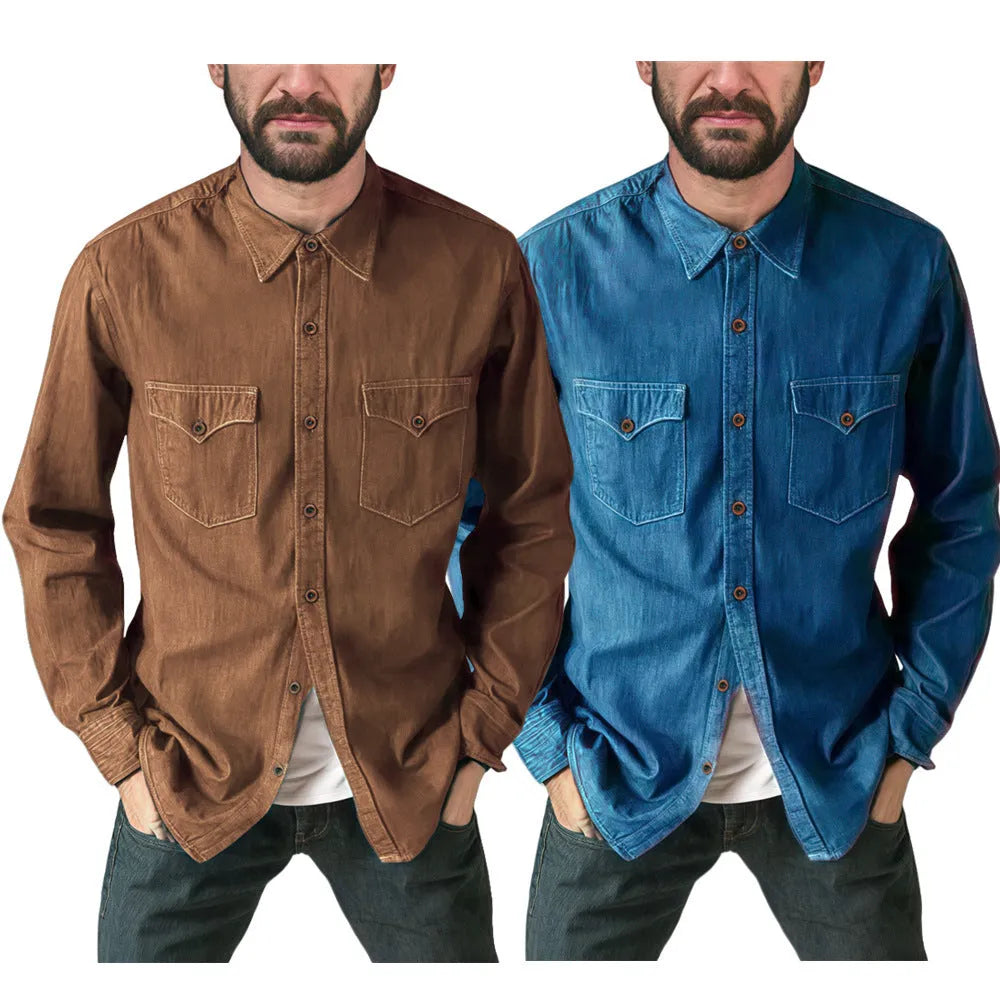 Casual denim cardigan coat in regular fit available in khaki, black, blue and grey colours.