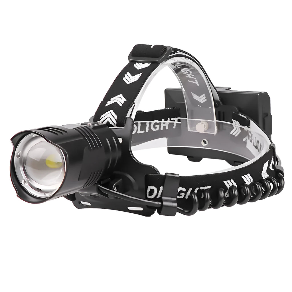 Black USB rechargeable headlight with telescopic zoom lens and head strap