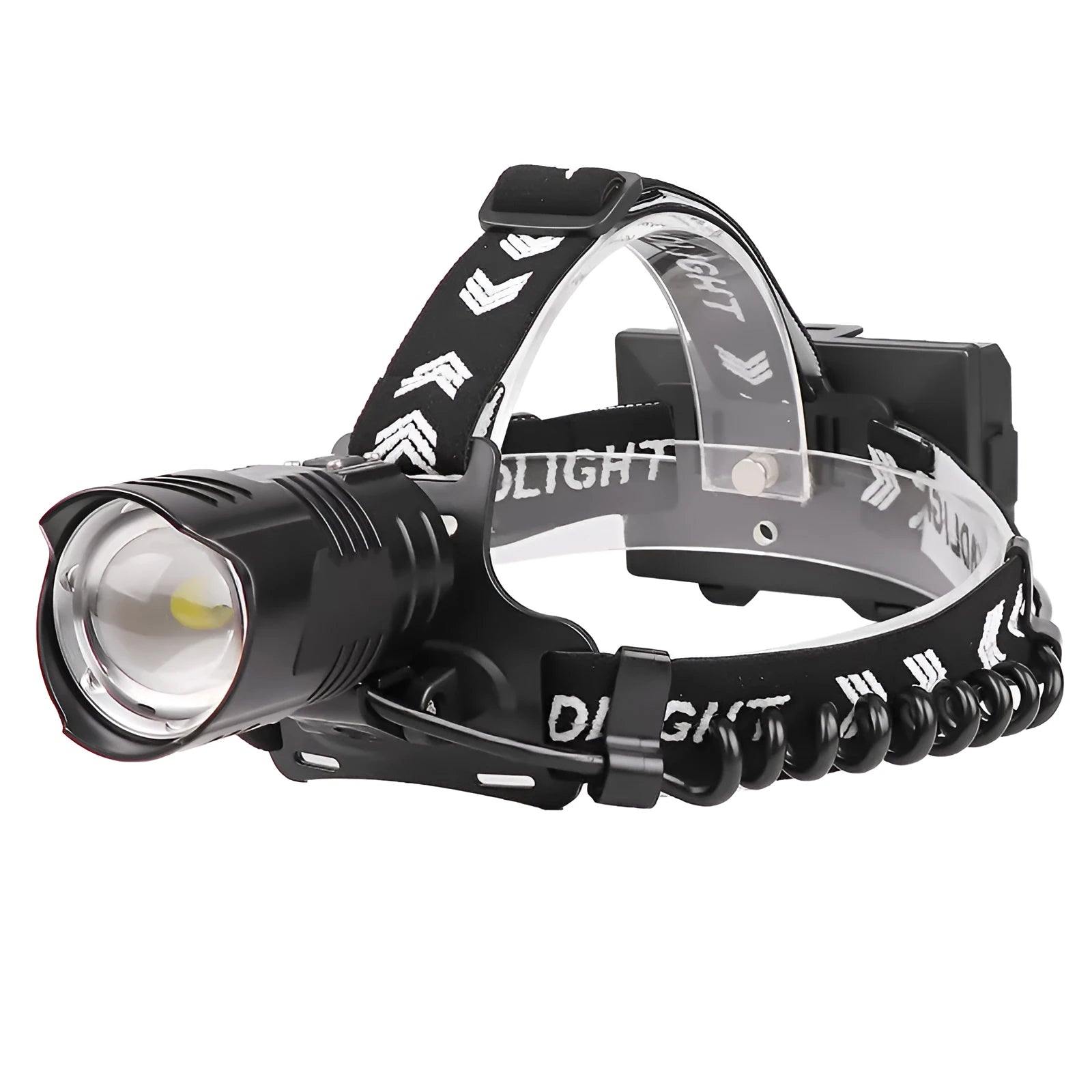 Black USB rechargeable headlight with telescopic zoom lens and head strap