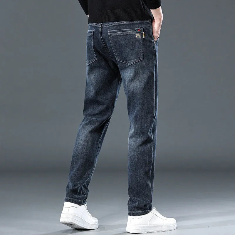 Blue grey slim straight casual trousers with micro-elastic polyester fabric and mid-waist design