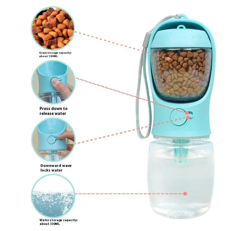 Blue portable dog drinking cup with split water grain design showing 550ml capacity markings