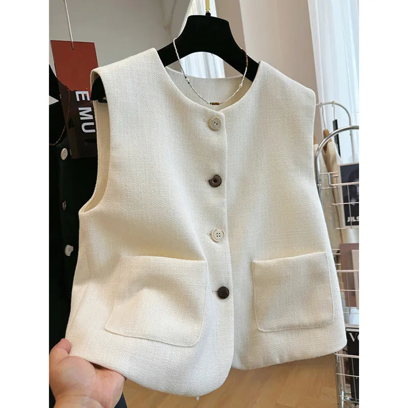 Women's French style round neck sleeveless vest in black polyester bandage design
