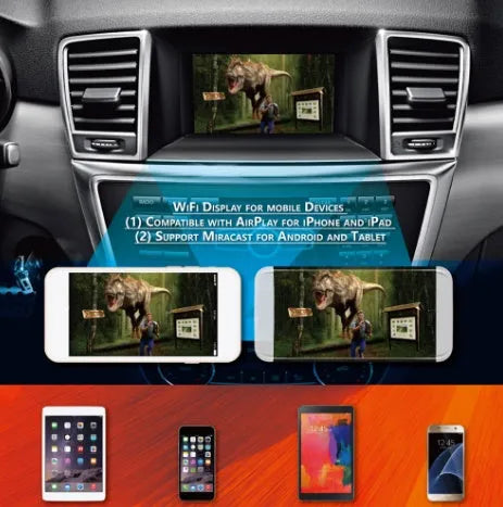 Black car Wi-Fi mirror link box with power cable, AV cable, antenna, and user manual for screen mirroring.