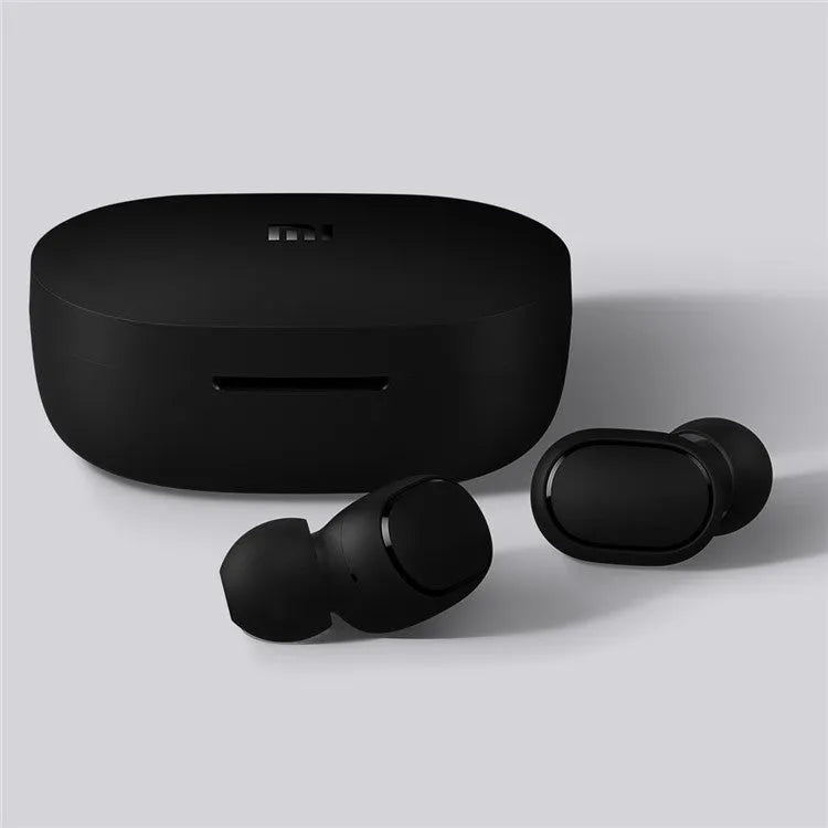 Redmi AirDots Black true wireless Bluetooth earbuds and charging case.