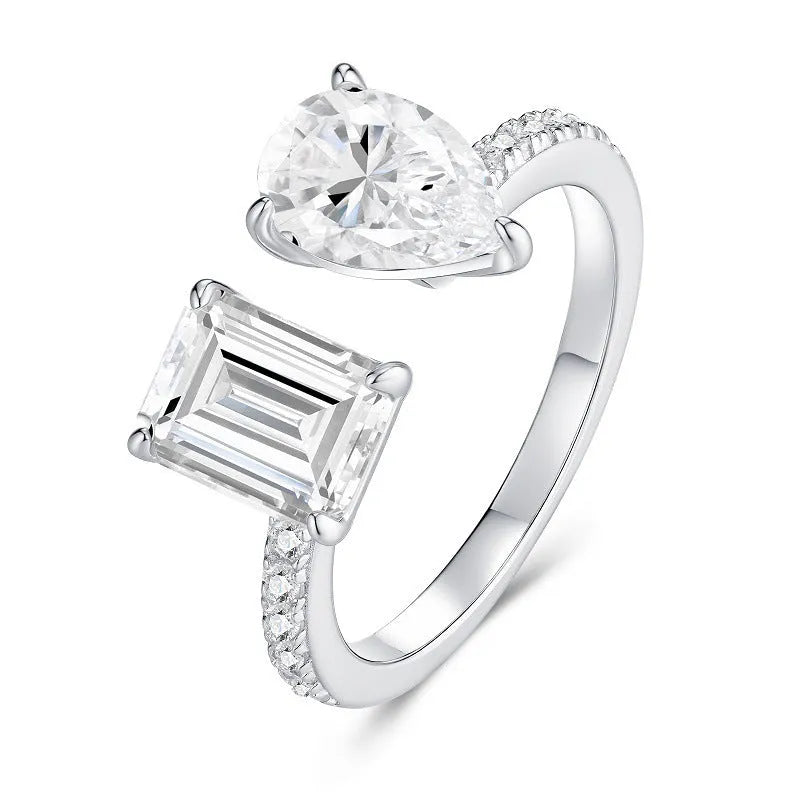 Square moissanite ring in 925 sterling silver with electroplated non-fading finish, geometric drop shape, US sizes 5 to 9