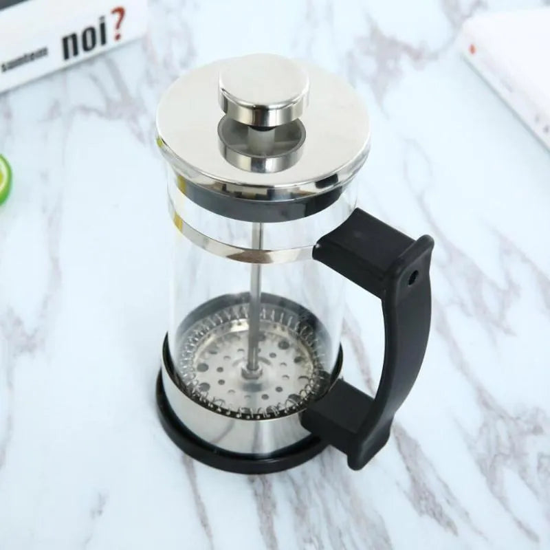 350ml manual French press coffee maker with glass carafe and stainless steel plunger, measuring 10cm by 8cm by 17cm.