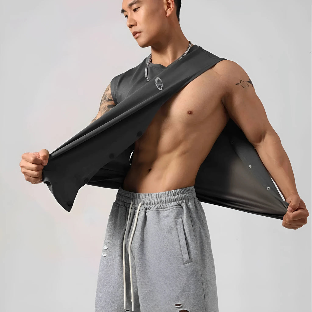 Korean style men's fitness vest with hidden side hooks and loose cotton construction
