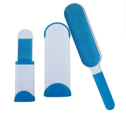 Reusable pet hair removal comb with a self-cleaning base, shown in blue, for cleaning cat and dog fur from sofas.