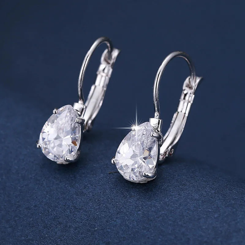 Women's drop-shaped copper earrings with gem inlay in gold and platinum colour options