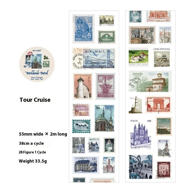Roll of retro-style stamp stickers for journal decoration, showing butterfly, forest, bird and mushroom designs.