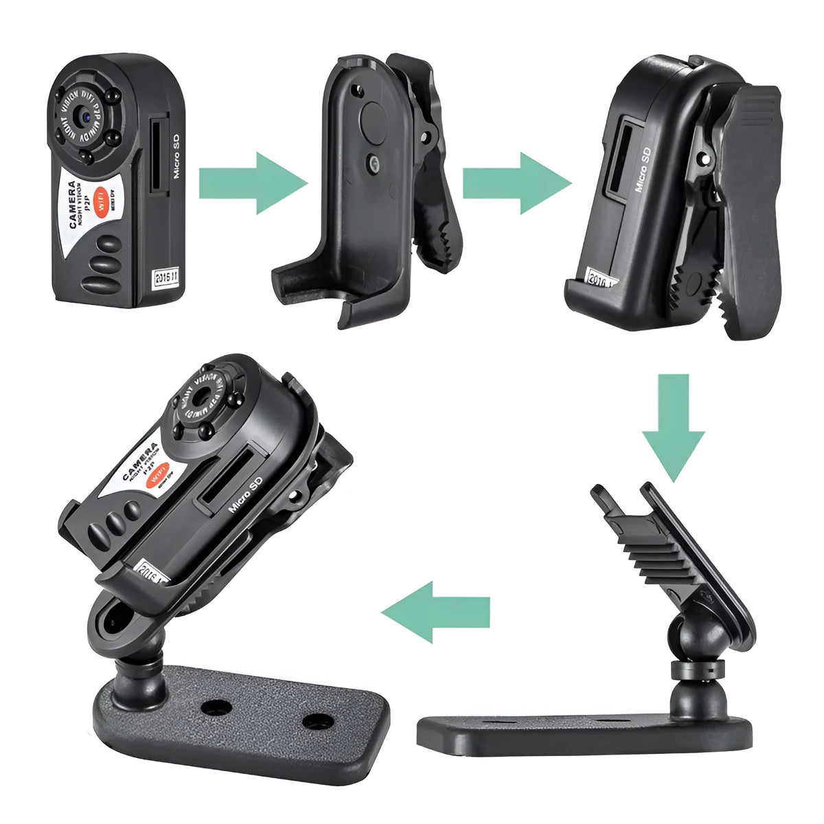 Black wireless network camera with lens, LCD screen, and Wifi for remote monitoring.