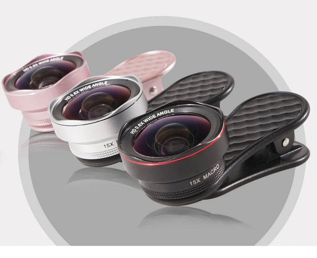 Black silver and rose gold 0.6X wide-angle and 15X macro mobile phone lens kit with clip and storage box