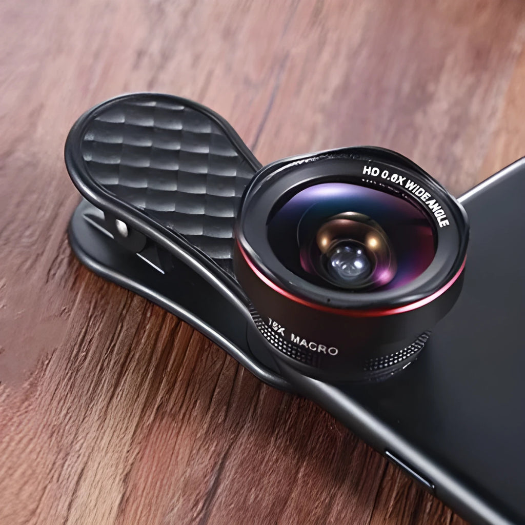 Black silver and rose gold 0.6X wide-angle and 15X macro mobile phone lens kit with clip and storage box