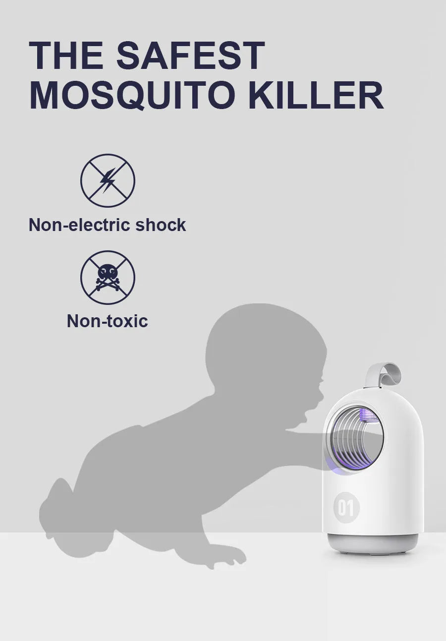 White or blue indoor mosquito killer lamp with UV light, silicone handle, and USB cable.