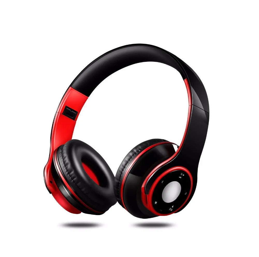 Foldable wireless Bluetooth headset with adjustable hinges in blue, red, or rose red colours