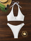 Solid colour split heart bikini swimsuit set in white or black, polyester two-piece swimwear with top and pants, sizes S to XL