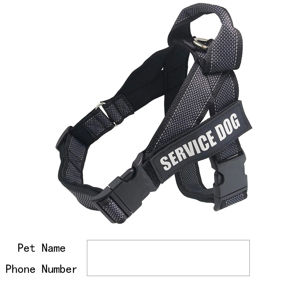 Personalised pet harness in black with custom name, adjustable padded dog walking harness