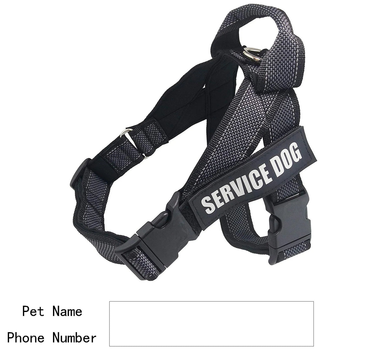Personalised pet harness in black with custom name, adjustable padded dog walking harness