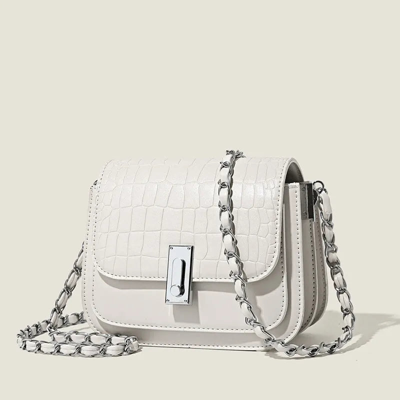 Women's black PU chain shoulder bag with horizontal square design showing mobile phone pocket