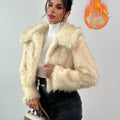 Artificial fur coat with fur collar in short length, showing thick pile construction and cute style design