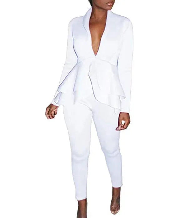 Women's business casual uniform set with ruffled top and pencil pants in eight colour options