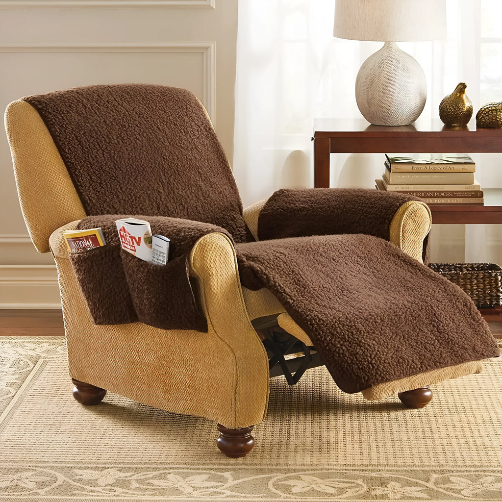 Polyester sofa slipcover in lambswool beige colour on a sofa cushion.