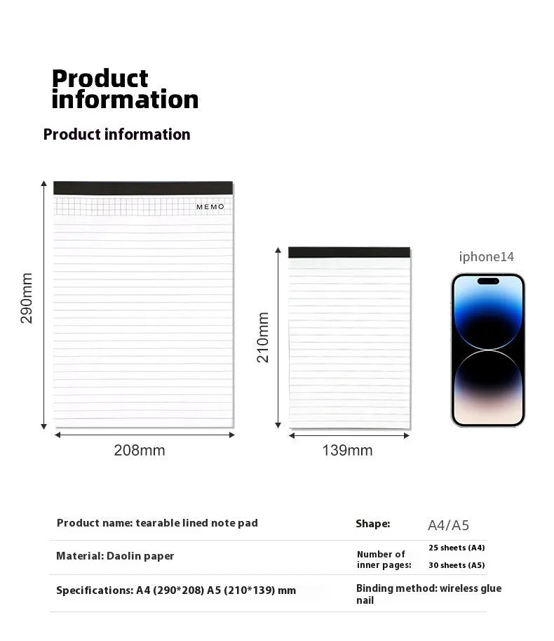 A4 tearable notebook with wireless adhesive binding and grid pattern paper for meeting minutes