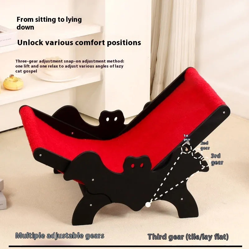 Black and red wooden cat lounge chair with bat-shaped decorative elements for Halloween themes