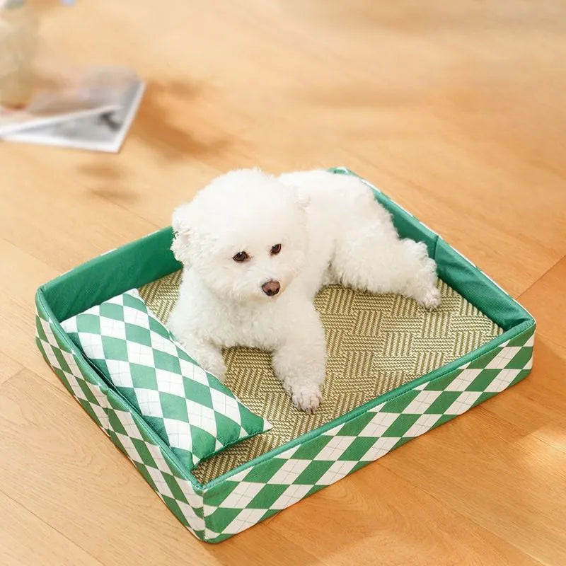 Blue rattan cat litter mat bed with integrated fabric cushion, shown in a large size.