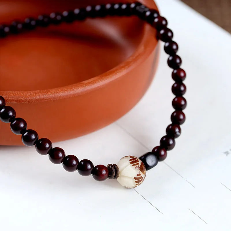 Natural rosewood floral bracelet with knitted construction and 6mm beads in double-ring or single-circle pattern