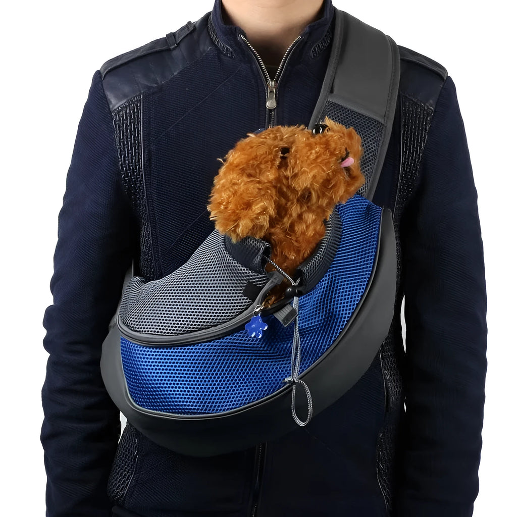 Polyester pet backpack carrier in blue colour with mesh windows and adjustable straps