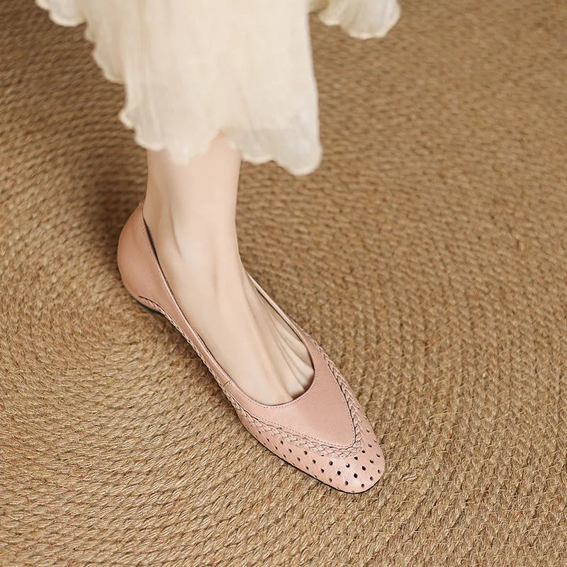 Women's shallow mouth hollow-out sandals with round toe, mid heel, sheepskin upper, beef tendon sole, sizes 34-41