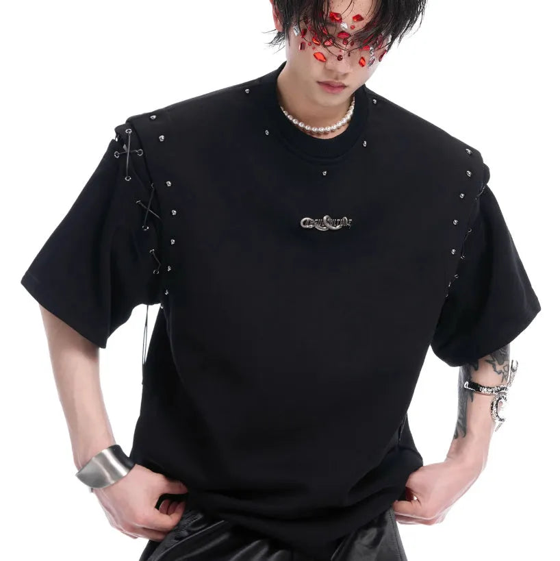 Black deconstructed lace-up short sleeve t-shirt with front cutout detail on a mannequin.