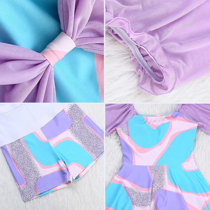 Women's one-piece high waist floral swimsuit in light purple with bowknot detail, polyester fabric
