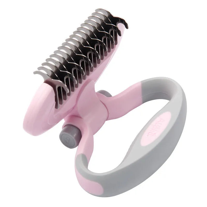 Two-headed dog comb knot with rotating design in blue, featuring steel teeth and TPR handle