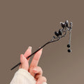 Four Seasons National Style green leaf tassel hairpin with pearl and rhinestone accents, 18cm long