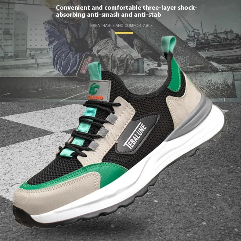 Black green mesh plastic steel toe safety shoes with flyknit upper and low-top design