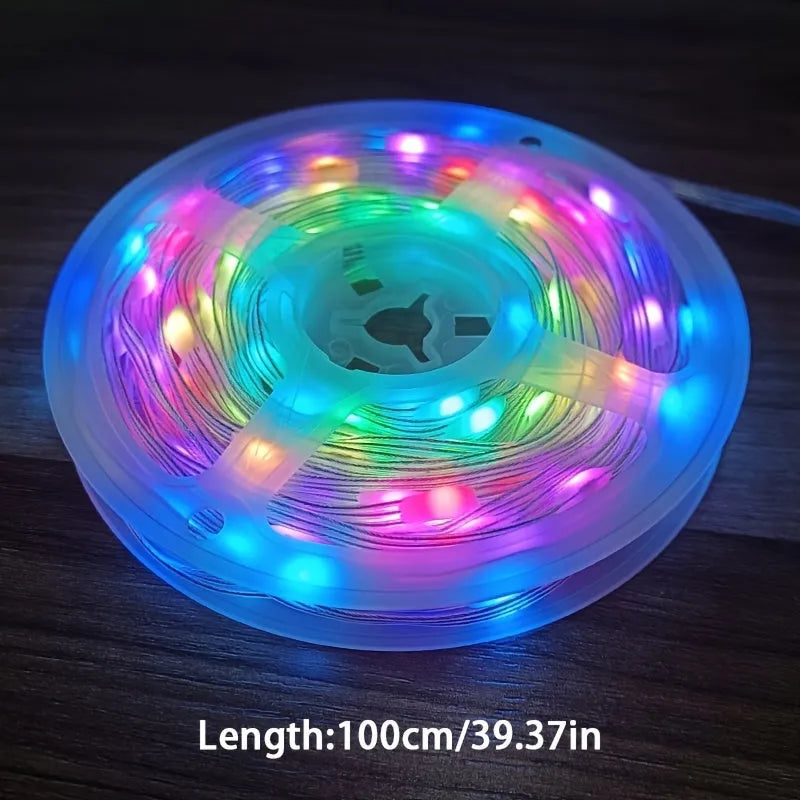 10-metre long multi-colour LED decorative light string with remote control on a white background