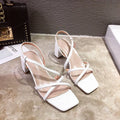 Women's thick heel Roman sandals in white with super high heel over 8cm and side air styling