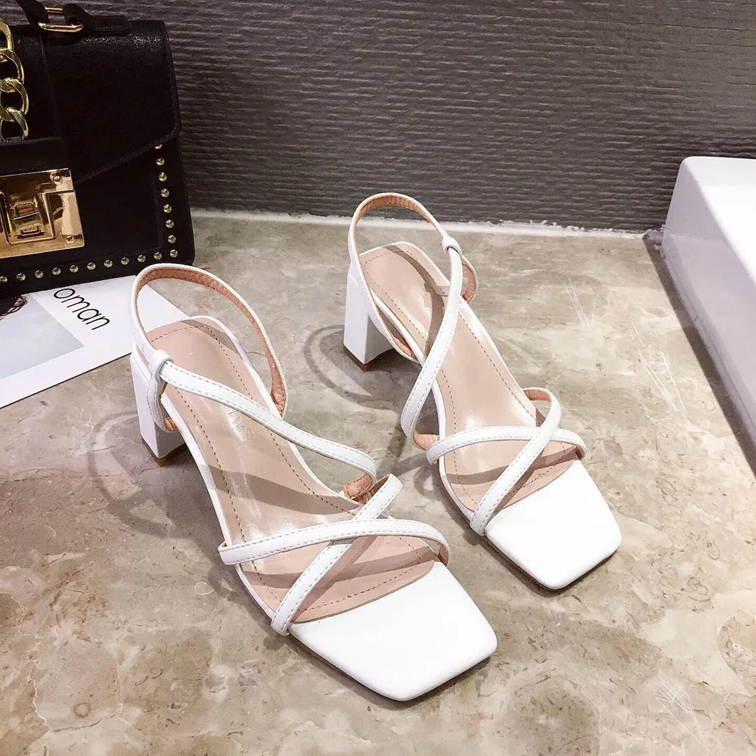 Women's thick heel Roman sandals in white with super high heel over 8cm and side air styling