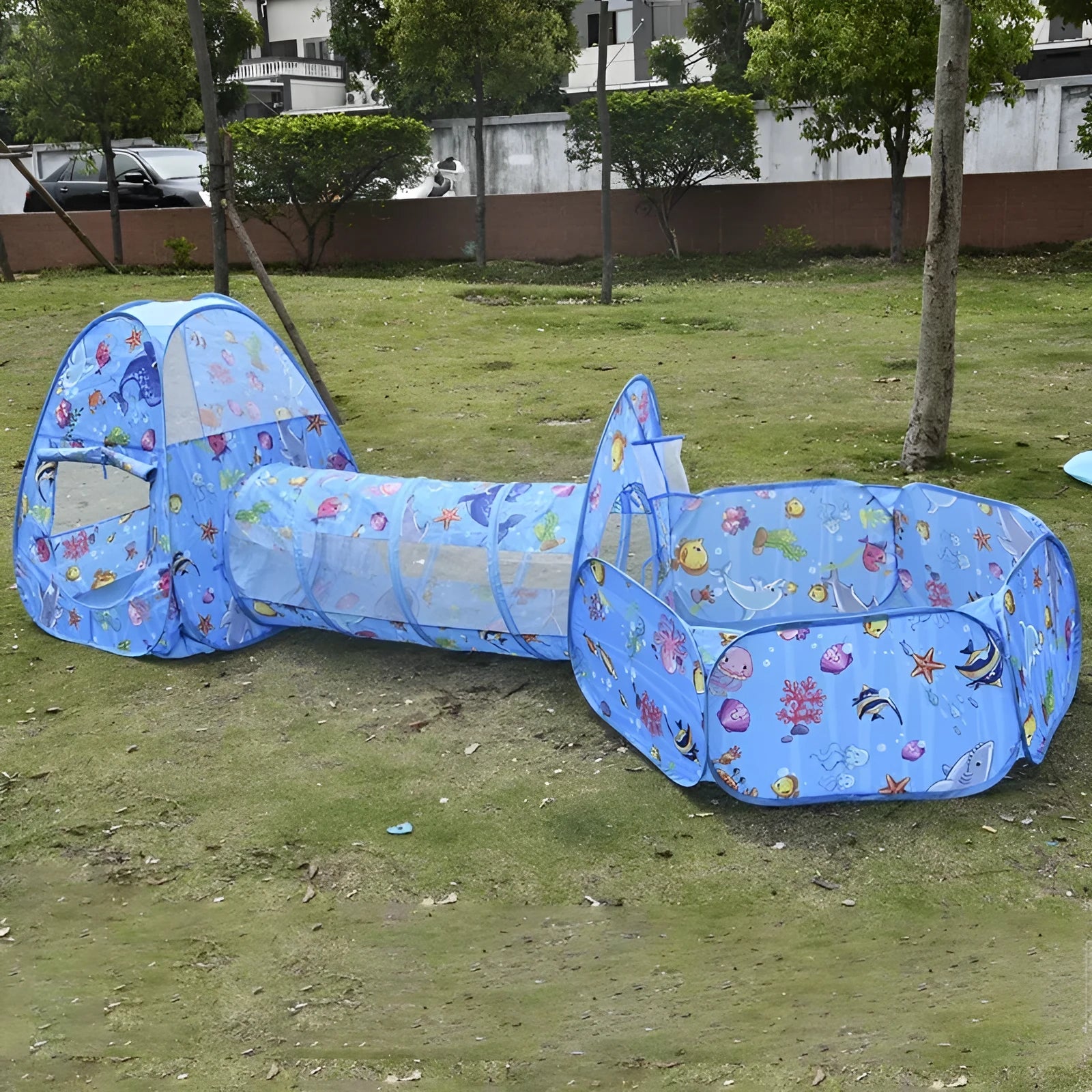 Children's three-in-one play tent set with ball pool and crawl tunnel in marine cartoon design