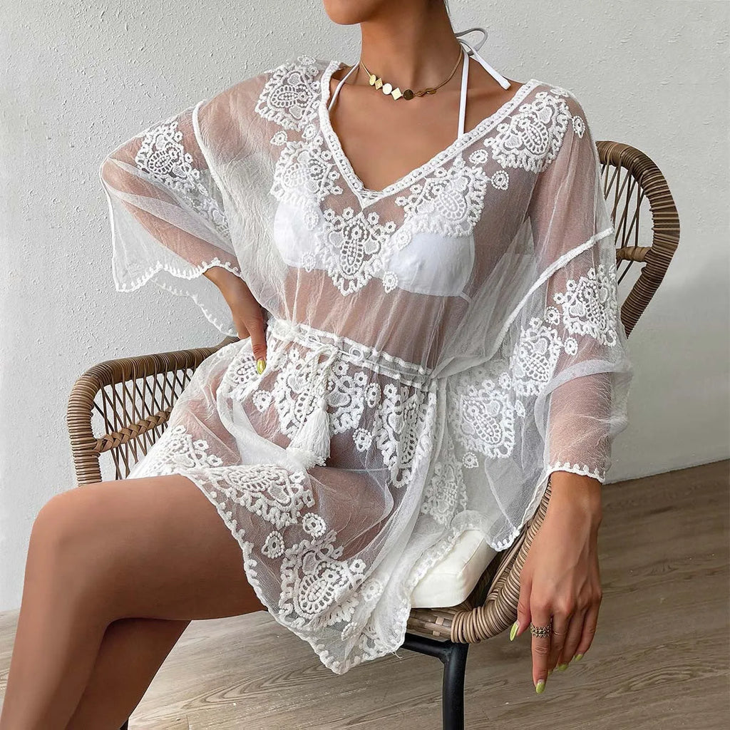 White water-soluble beach blouse for women with textured polyester fabric and free-size fit