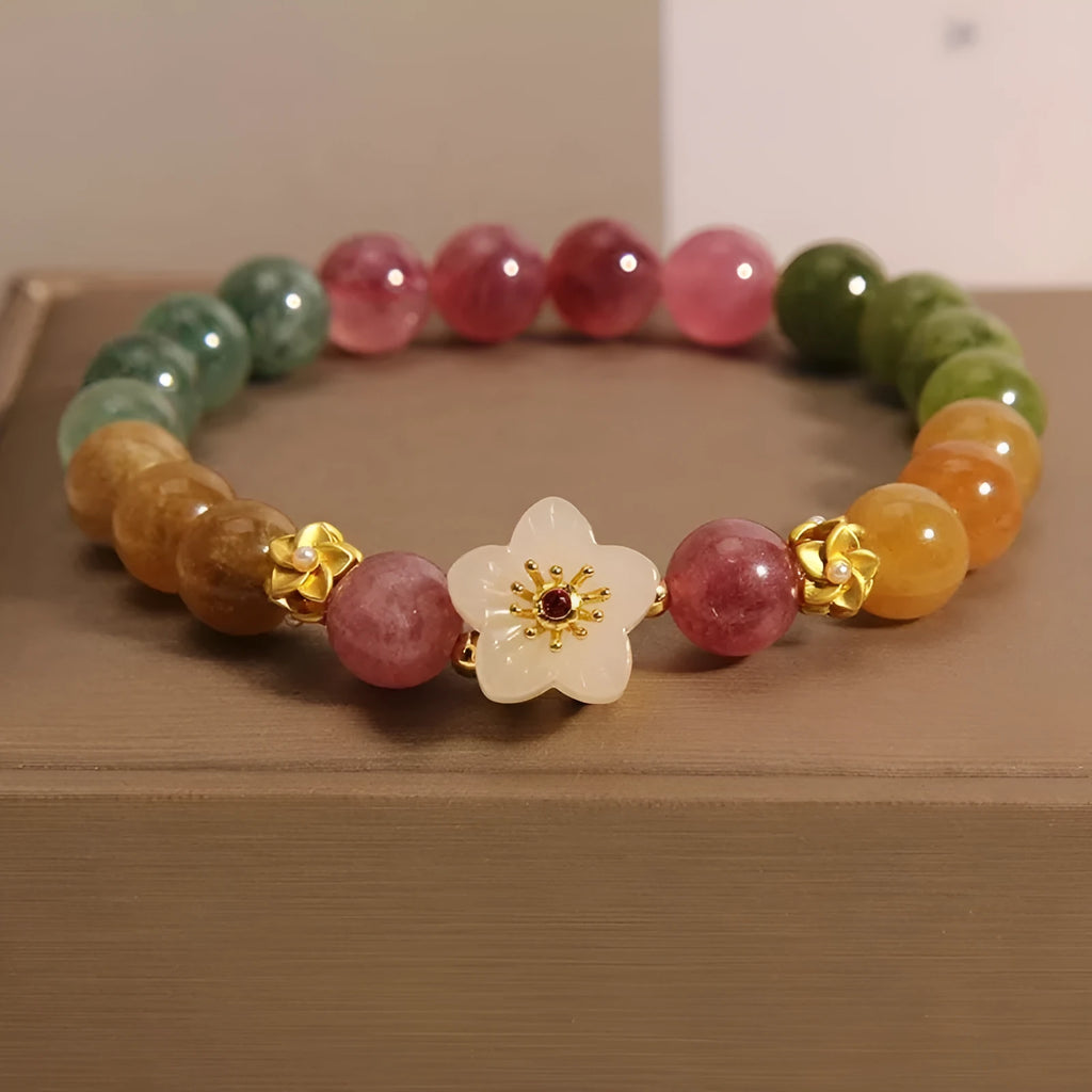 Natural colour tourmaline flower bracelet with electroplating treatment and geometric casual style