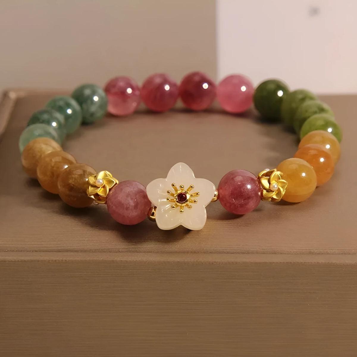 Natural colour tourmaline flower bracelet with electroplating treatment and geometric casual style