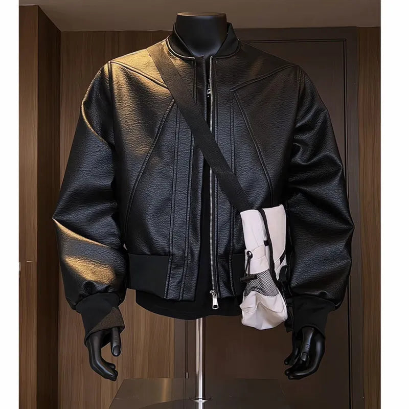 Men's black PU leather jacket with litchi texture and extended length in slim business fit