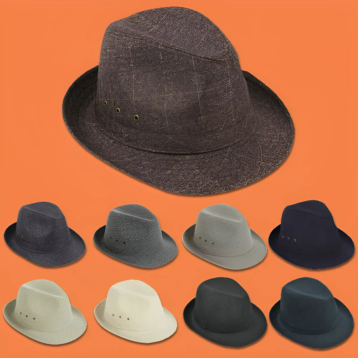 Men's classic fedora hat with thickened brim in grey suit material, shown from the side.
