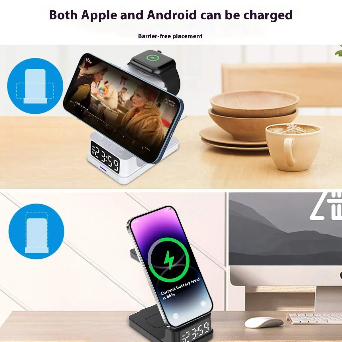 Black magnetic three-in-one 15W wireless charger with clock, Type-C interface, 106x72x112mm